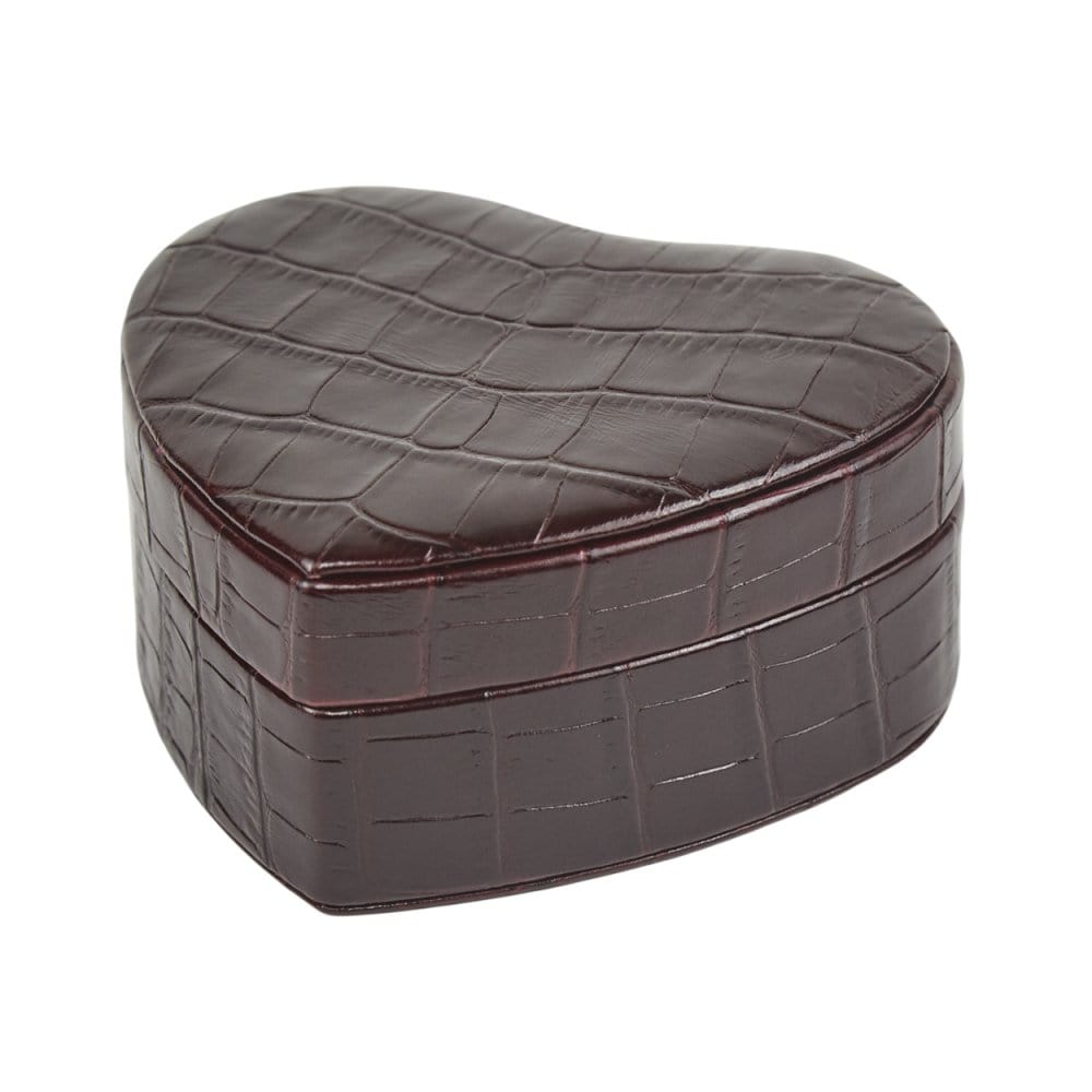 Leather heart shaped jewellery box, burgundy croc, side