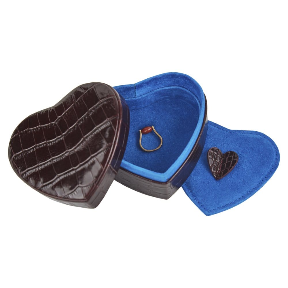 Leather heart shaped jewellery box, burgundy croc, inside