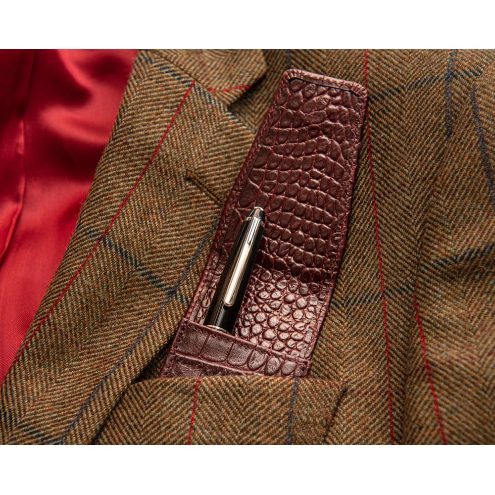 Leather pen case, burgundy croc, lifestyle