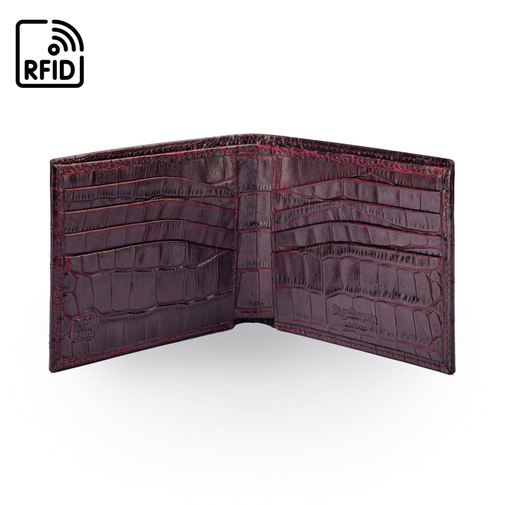 RFID leather wallet for men, burgundy croc, open view