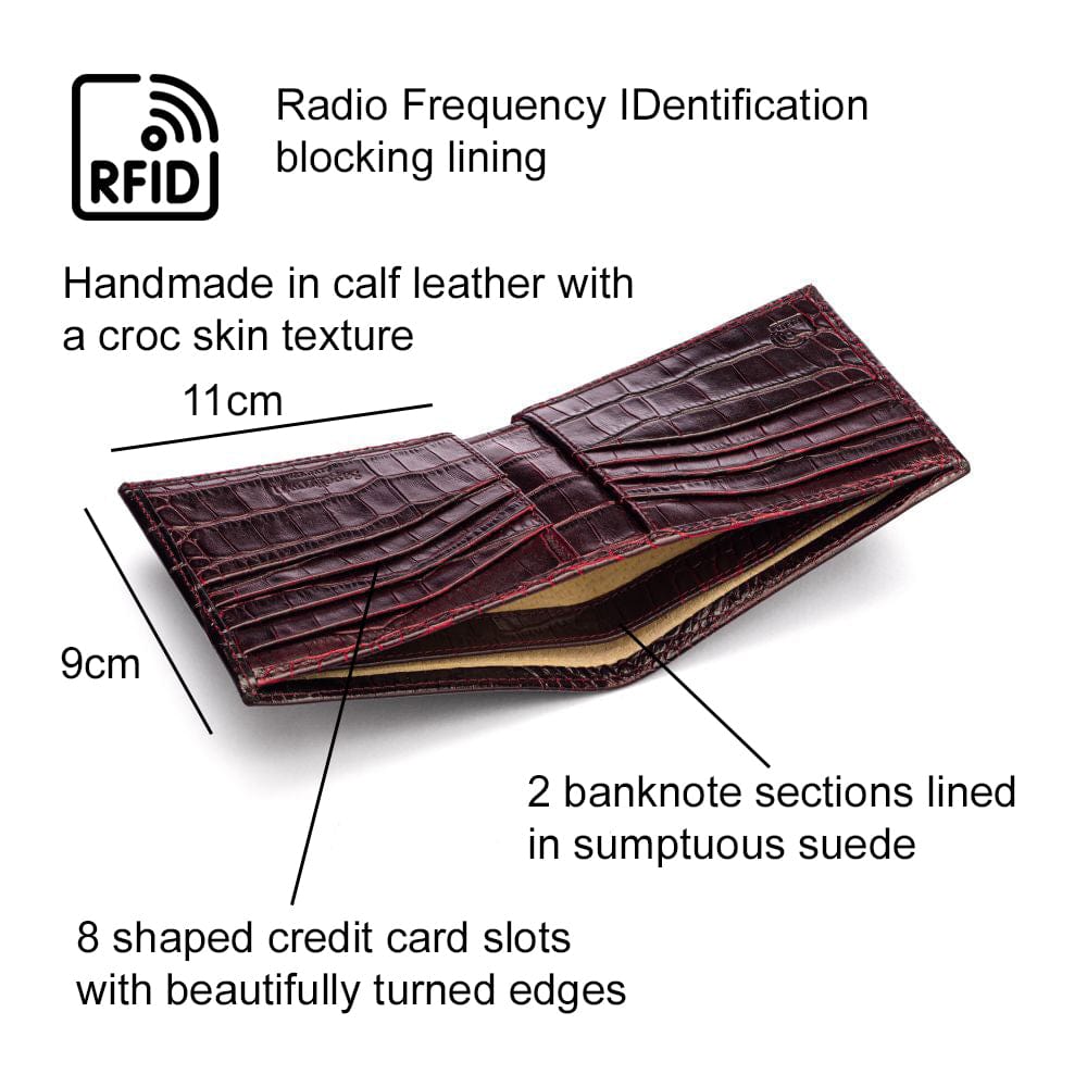 RFID leather wallet for men, burgundy croc, features