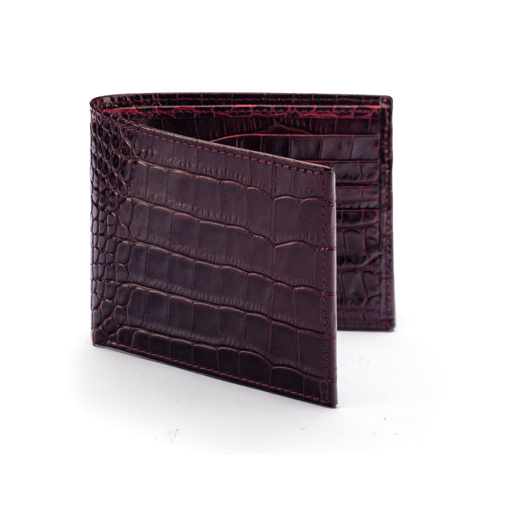 RFID leather wallet for men, burgundy croc, front view