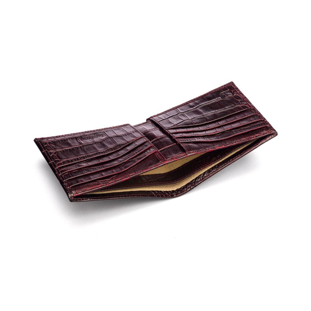 RFID leather wallet for men, burgundy croc, inside view