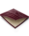 Leather side opening flat card holder, burgundy croc, open