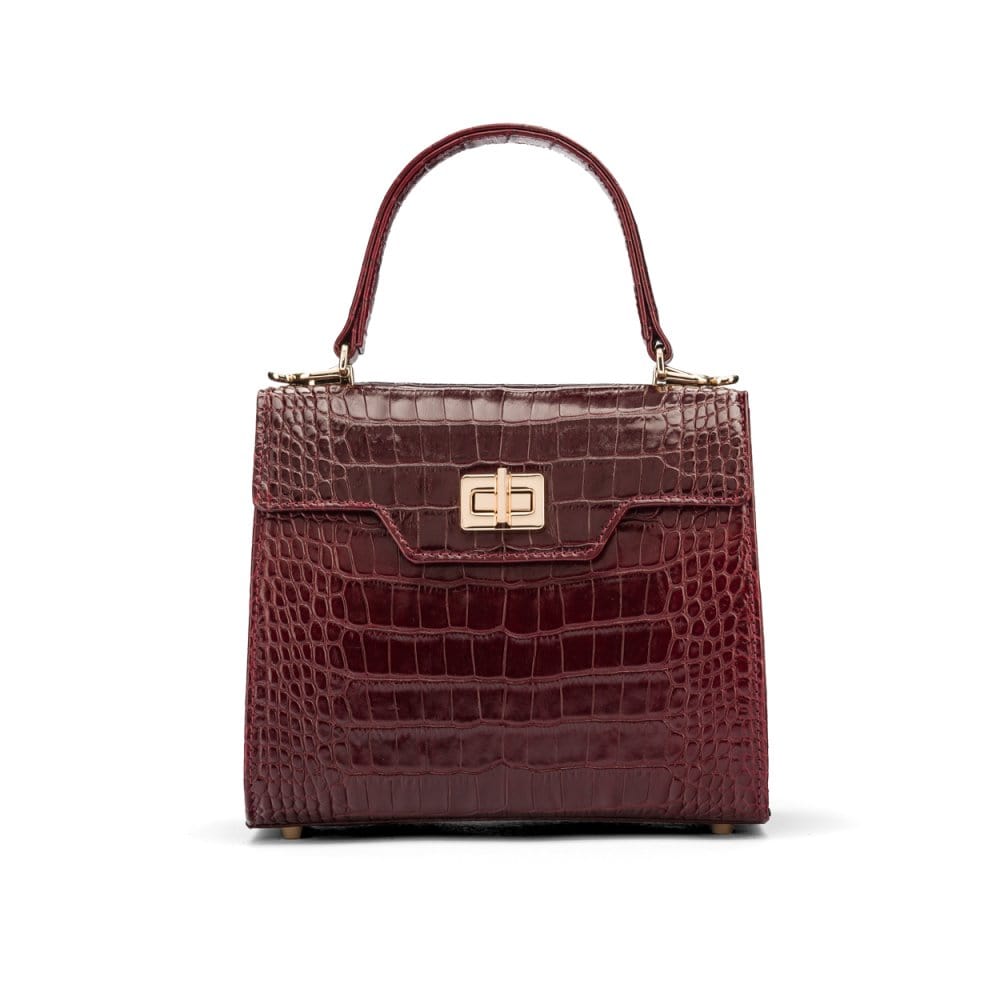 Mini leather Morgan Bag, top handle bag, burgundy croc, front view