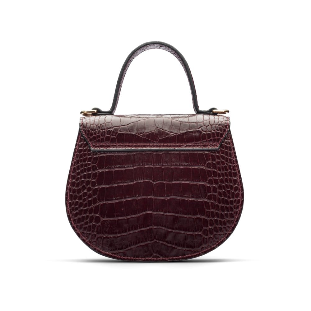 Leather rounded bottom top handle bag, burgundy croc, back