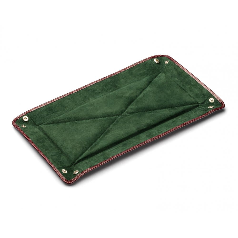 Rectangular valet tray, burgundy croc with green, flat