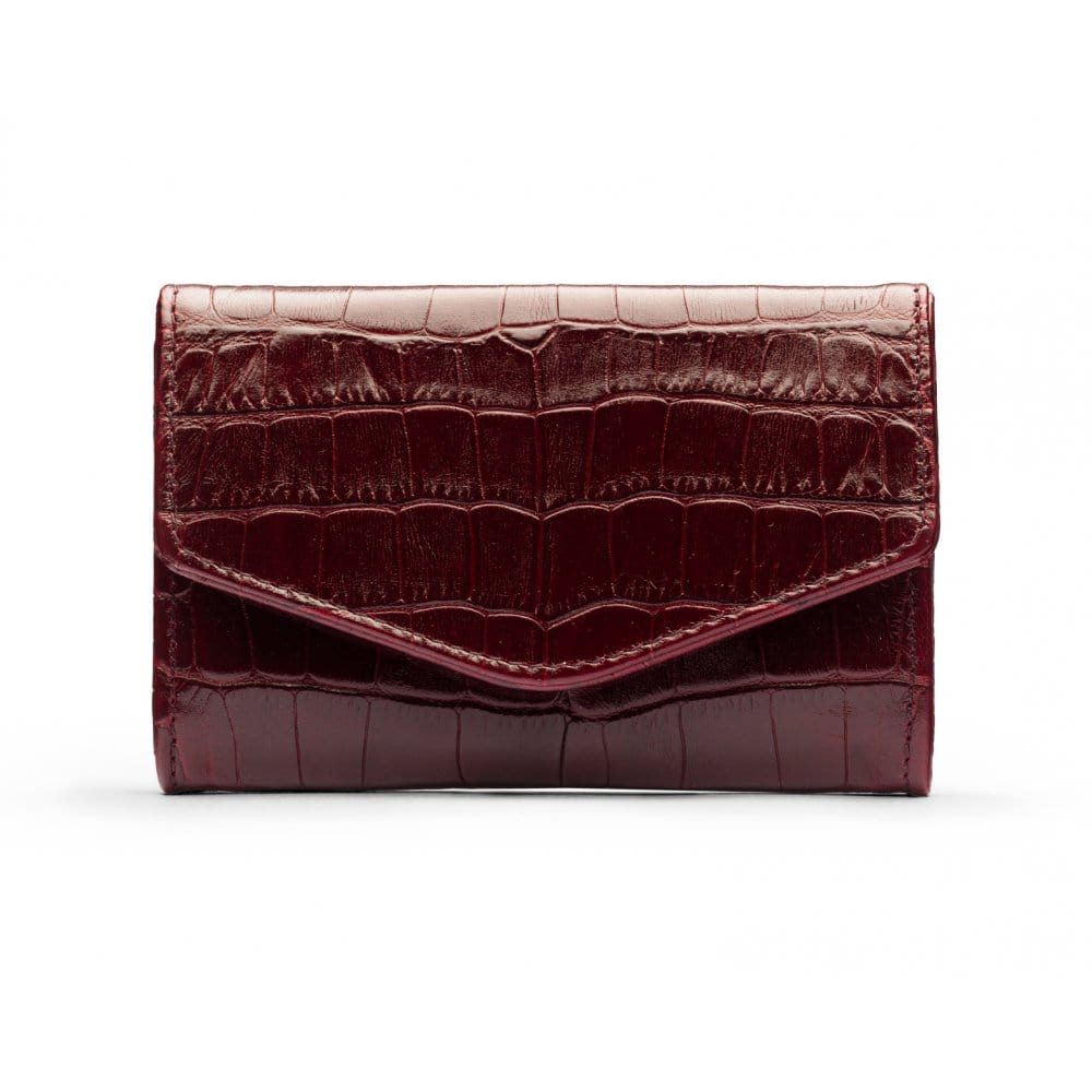 Small leather concertina purse, burgundy croc, front