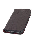 Leather iPhone XR wallet case, burgundy croc, front
