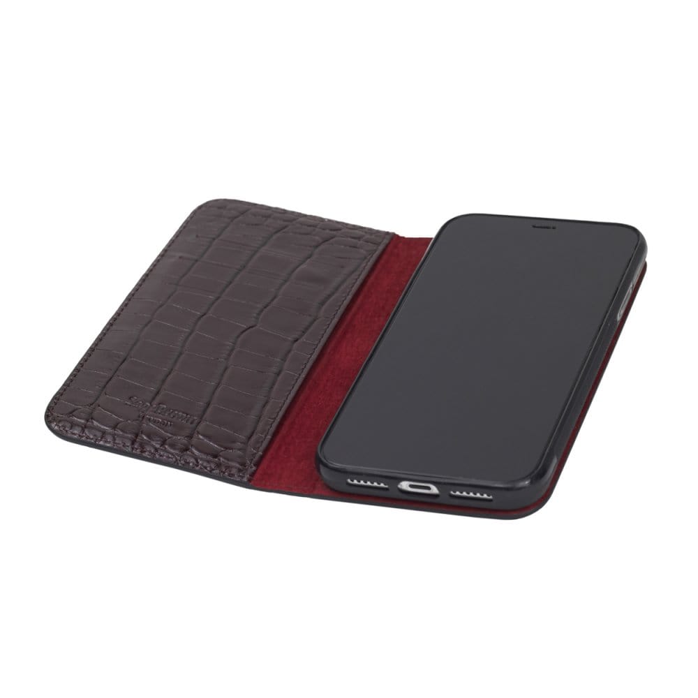 Leather iPhone XR Case, Burgundy Croc SageBrown - Main Image