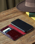 Leather iPhone XR wallet case, burgundy croc, lifestyle