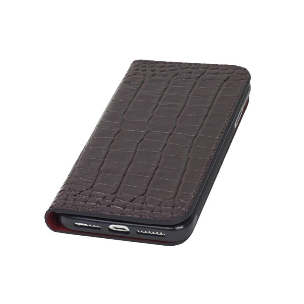 iPhone XS Max wallet case, burgundy croc, front