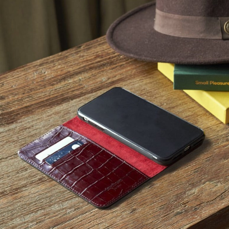 iPhone XS Max wallet case, burgundy croc, lifestyle