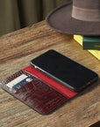 Leather iPhone 11 Pro Max wallet case, burgundy croc, lifestyle