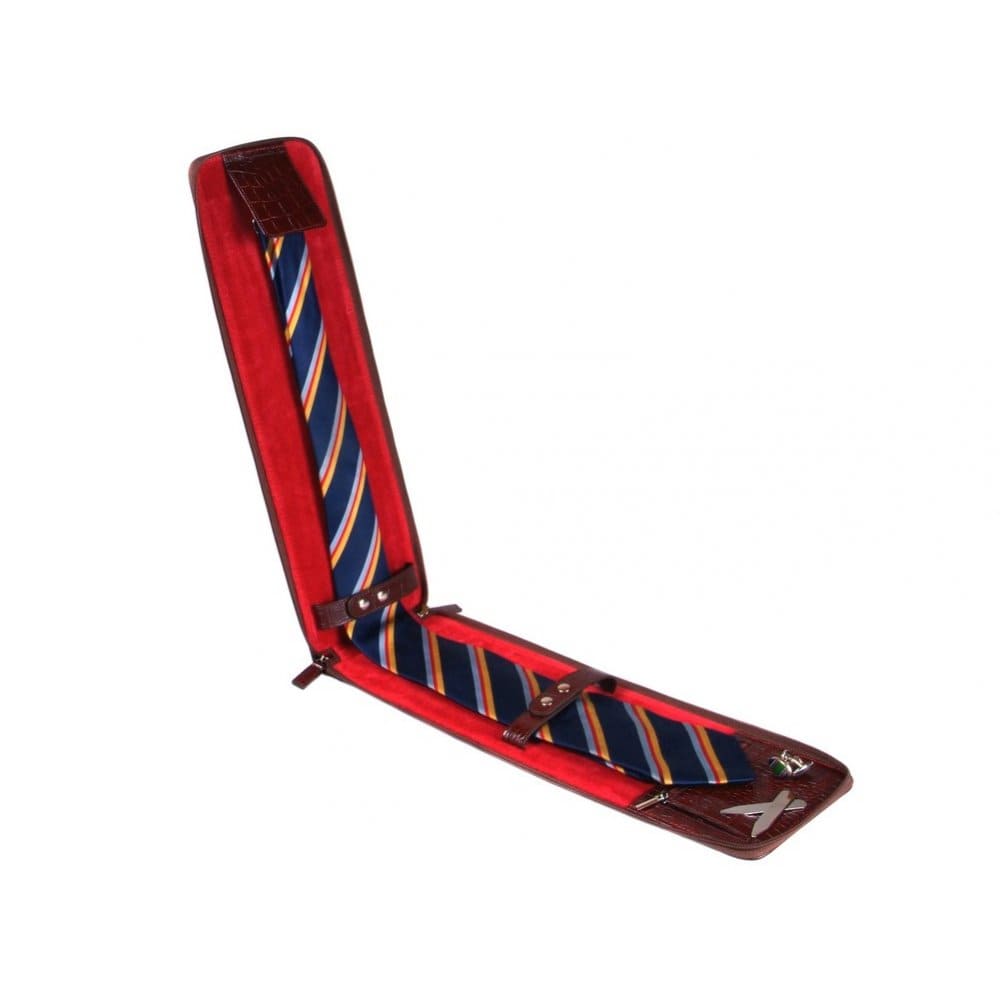 Burgundy Croc With Red Men's Leather Travel Tie Case