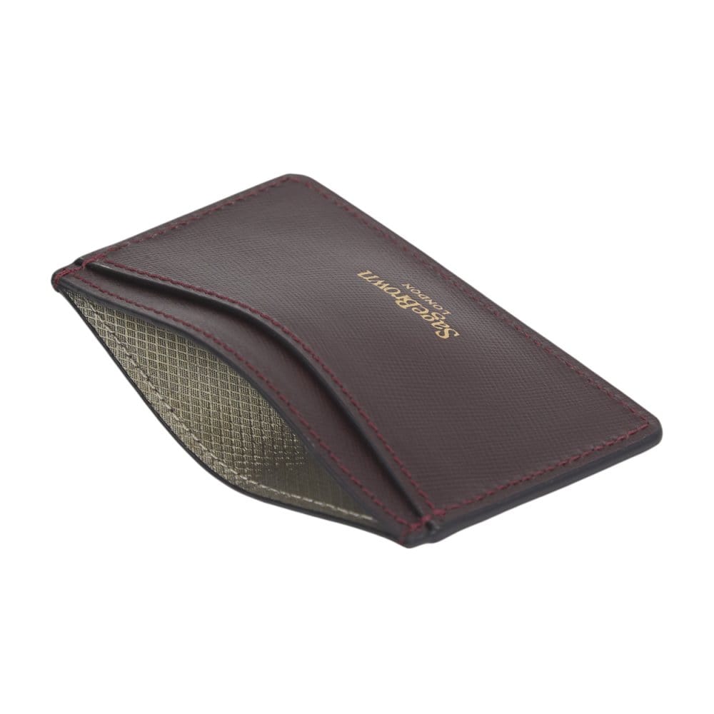 Burgundy Saffiano Flat Leather Credit Card Case With RFID Blocking Lining