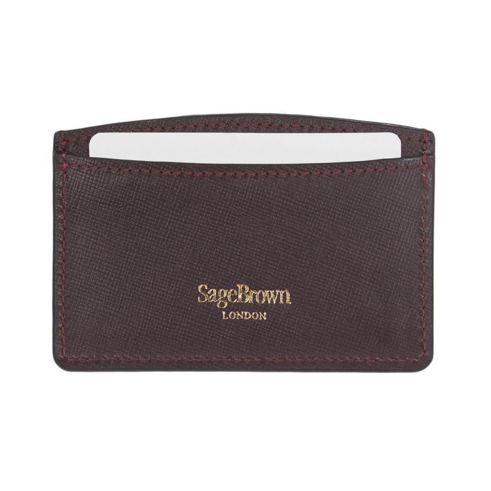 Burgundy Saffiano Flat Leather Credit Card Case With RFID Blocking Lining
