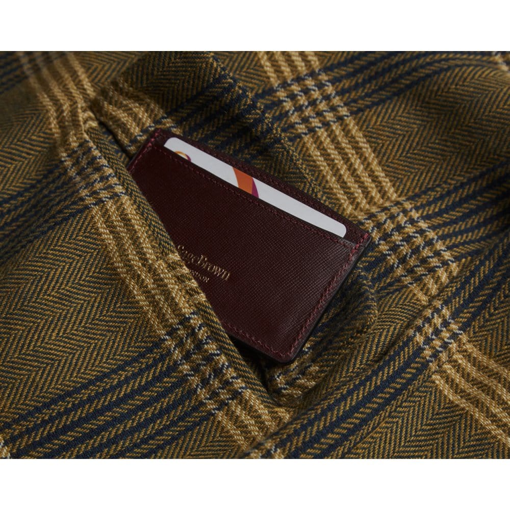 Burgundy Saffiano Flat Leather Credit Card Case With RFID Blocking Lining