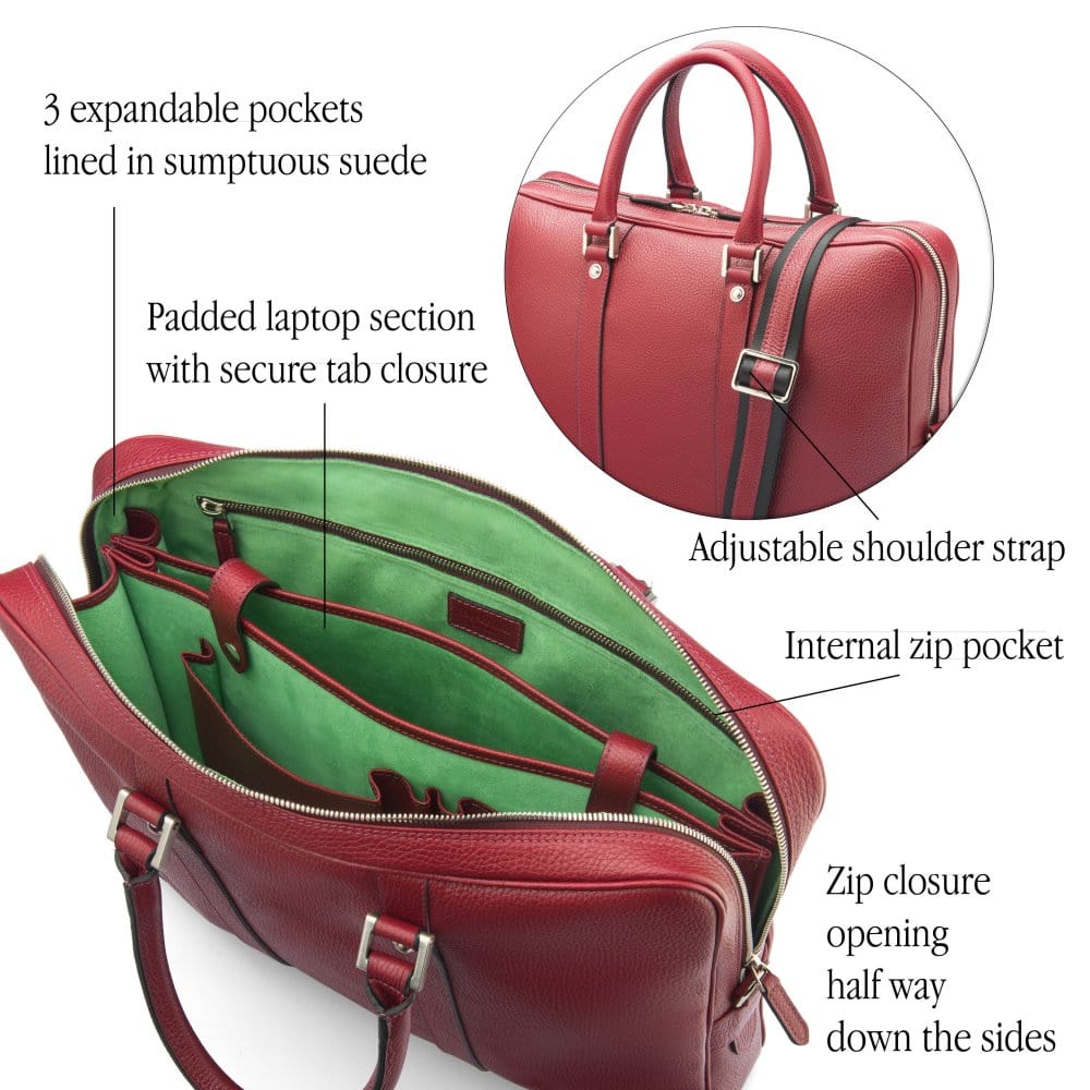 15" leather laptop bag, burgundy, features