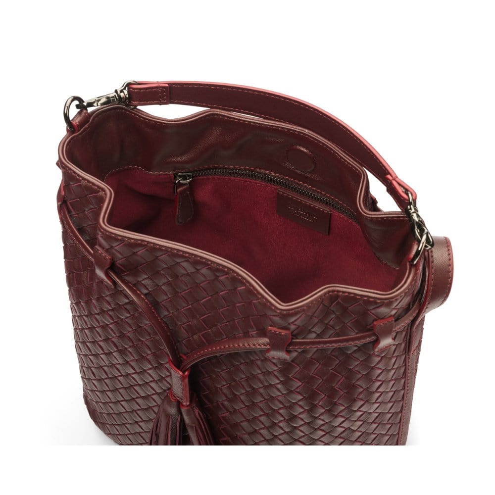 Kelly Woven Leather Bucket Bag Burgundy