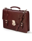 Leather Cambridge satchel briefcase with silver brass lock, burgundy, side