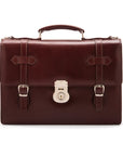 Leather Cambridge satchel briefcase with silver brass lock, burgundy, front