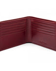 Men's leather billfold wallet, burgundy, open