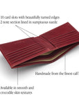 Men's leather billfold wallet, burgundy, features