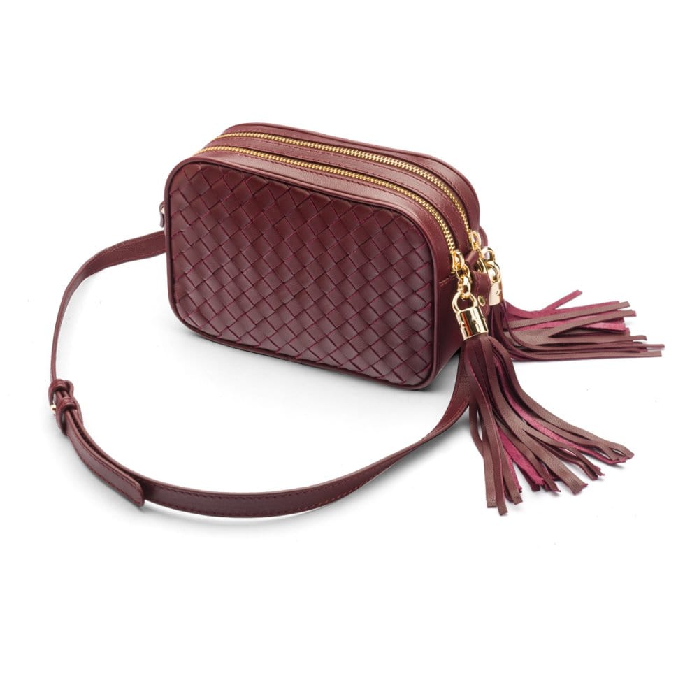 Woven leather camera bag, burgundy, side