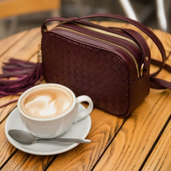 Woven leather camera bag, burgundy, lifestyle