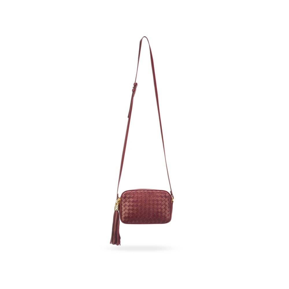 Woven leather camera bag, burgundy, with long shoulder strap
