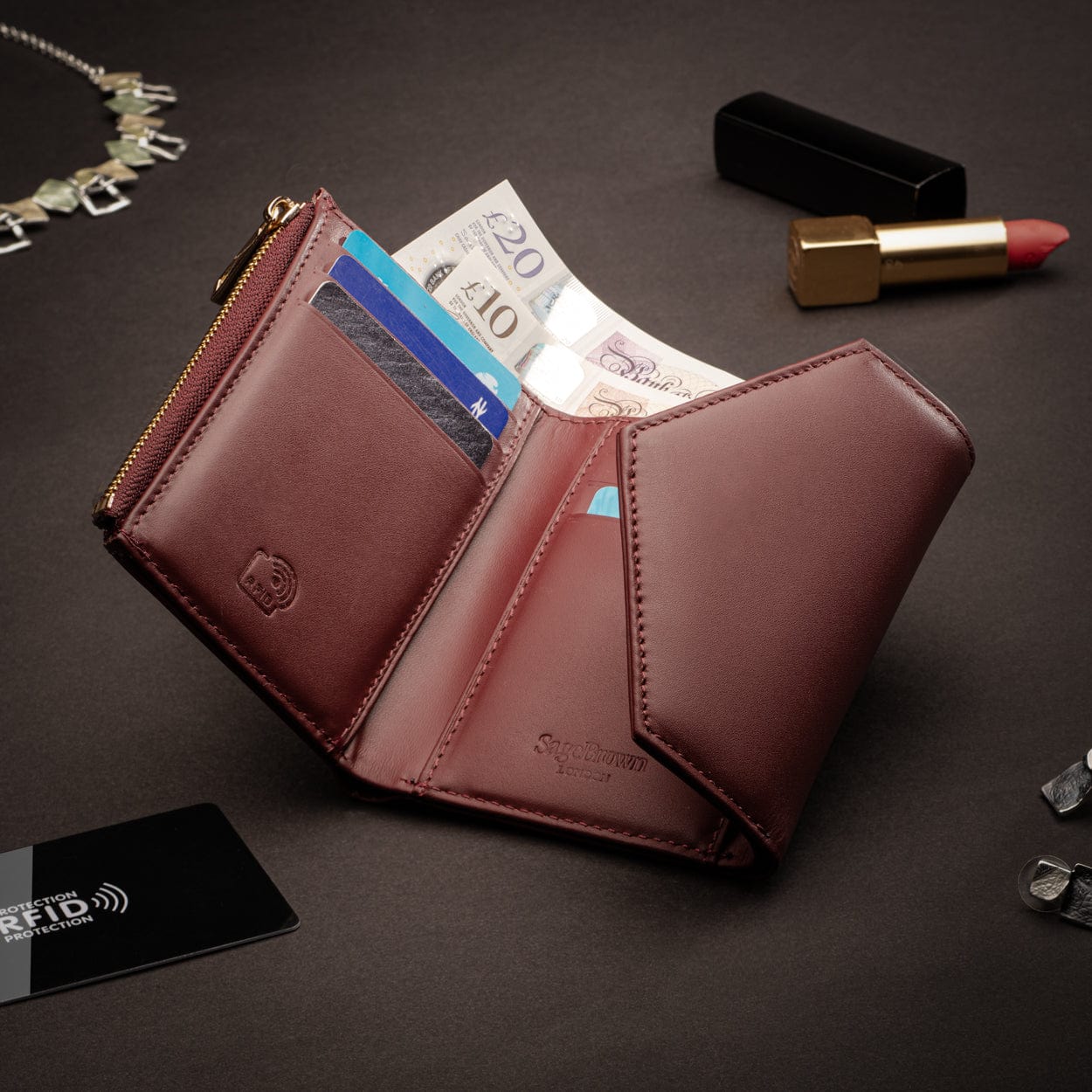 RFID blocking leather envelope purse, burgundy, lifestyle