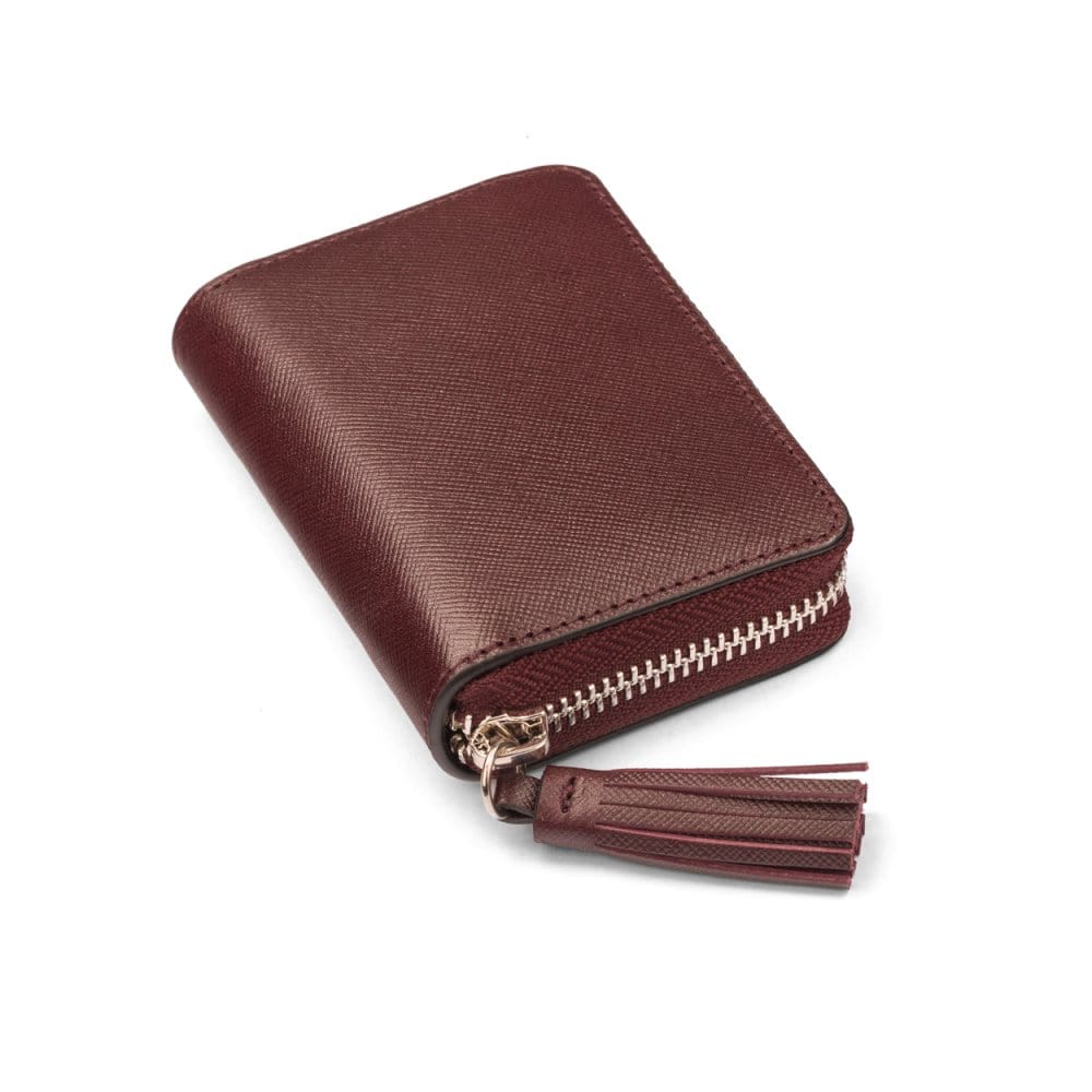 Small leather zip around coin purse, burgundy saffiano, front