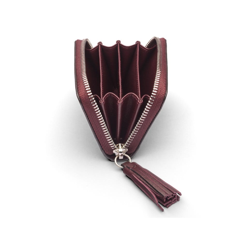 Small leather zip around coin purse, burgundy saffiano, open
