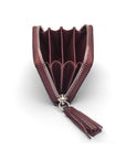 Small leather zip around coin purse, burgundy saffiano, open
