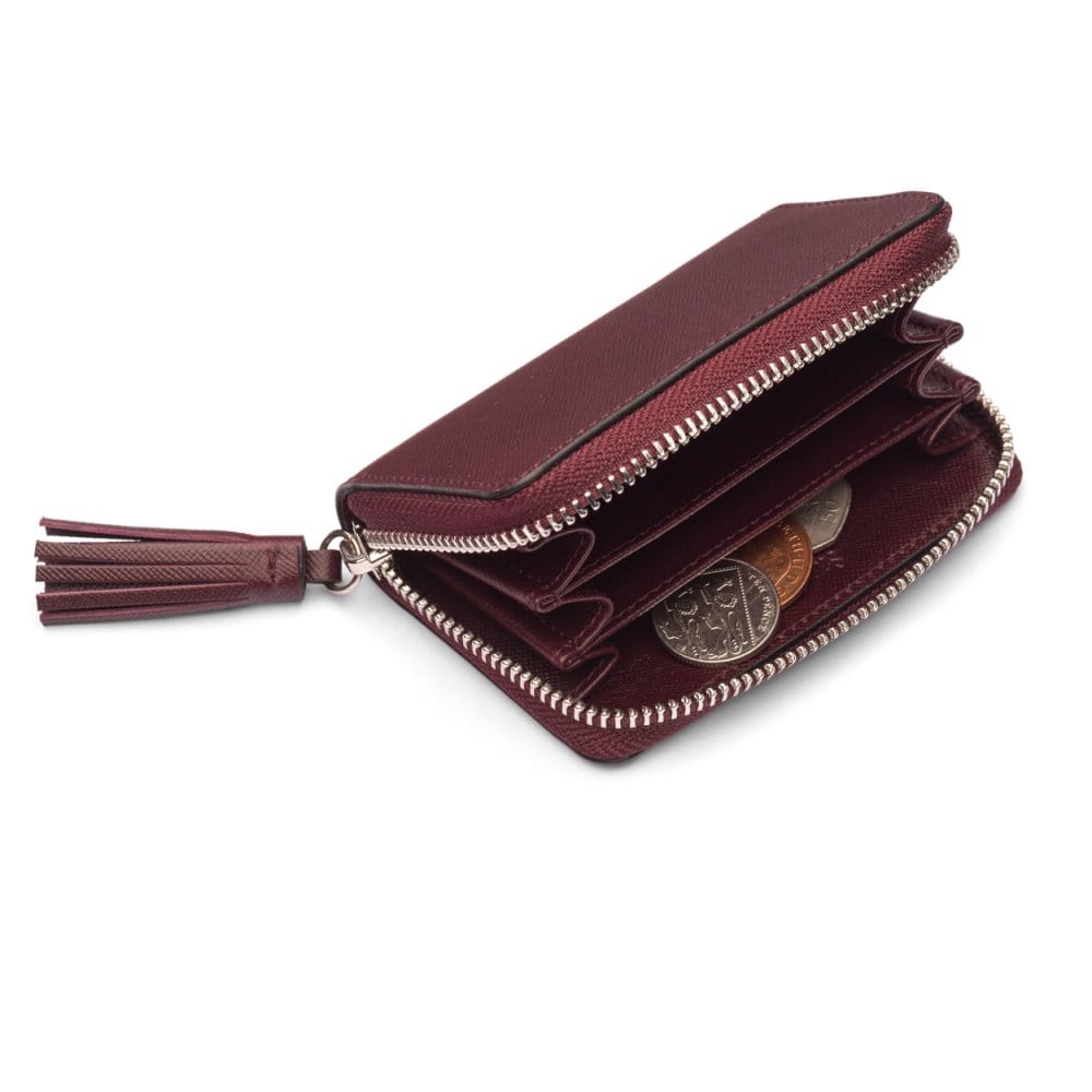 Small leather zip around coin purse, burgundy saffiano, interior