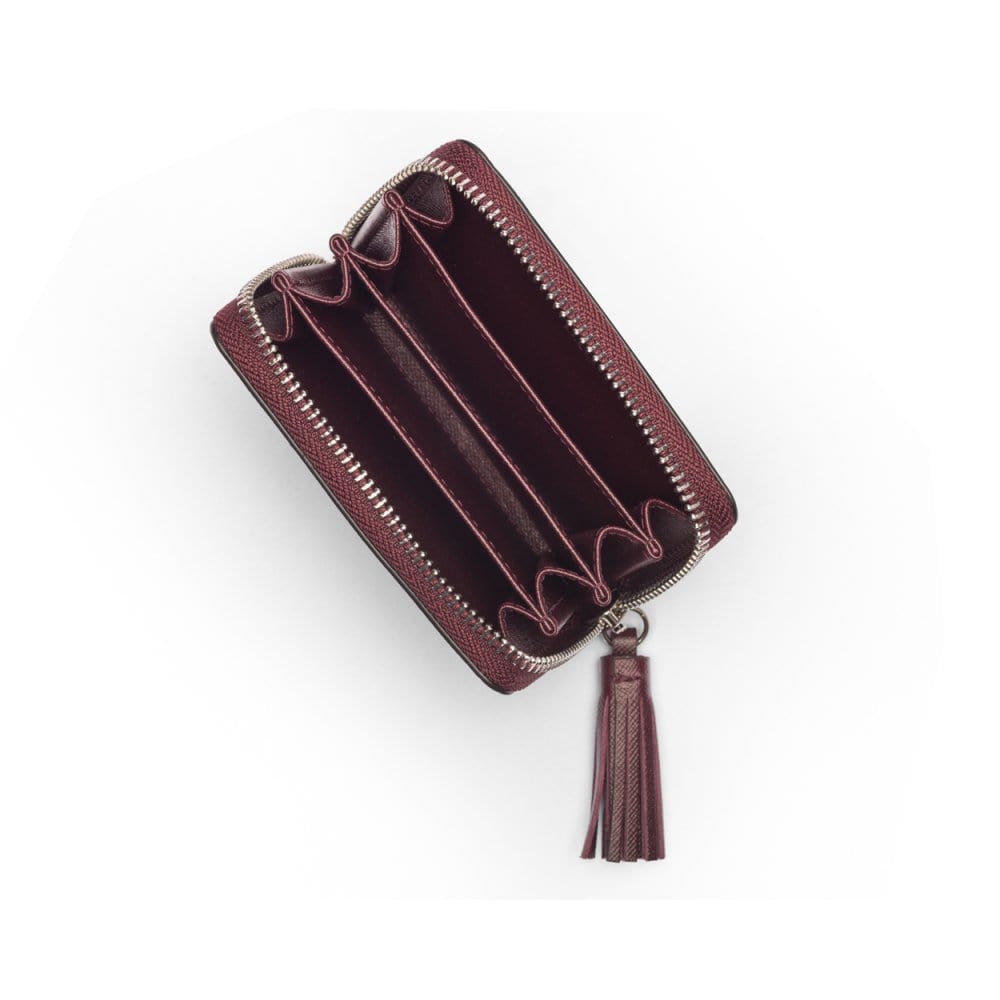 Small leather zip around coin purse, burgundy saffiano, inside