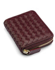 Small zip around woven leather accordion purse, burgundy, front