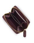 Small zip around woven leather accordion purse, burgundy, open