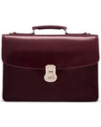 Leather briefcase with silver brass lock, Harvard vintage look, burgundy, front