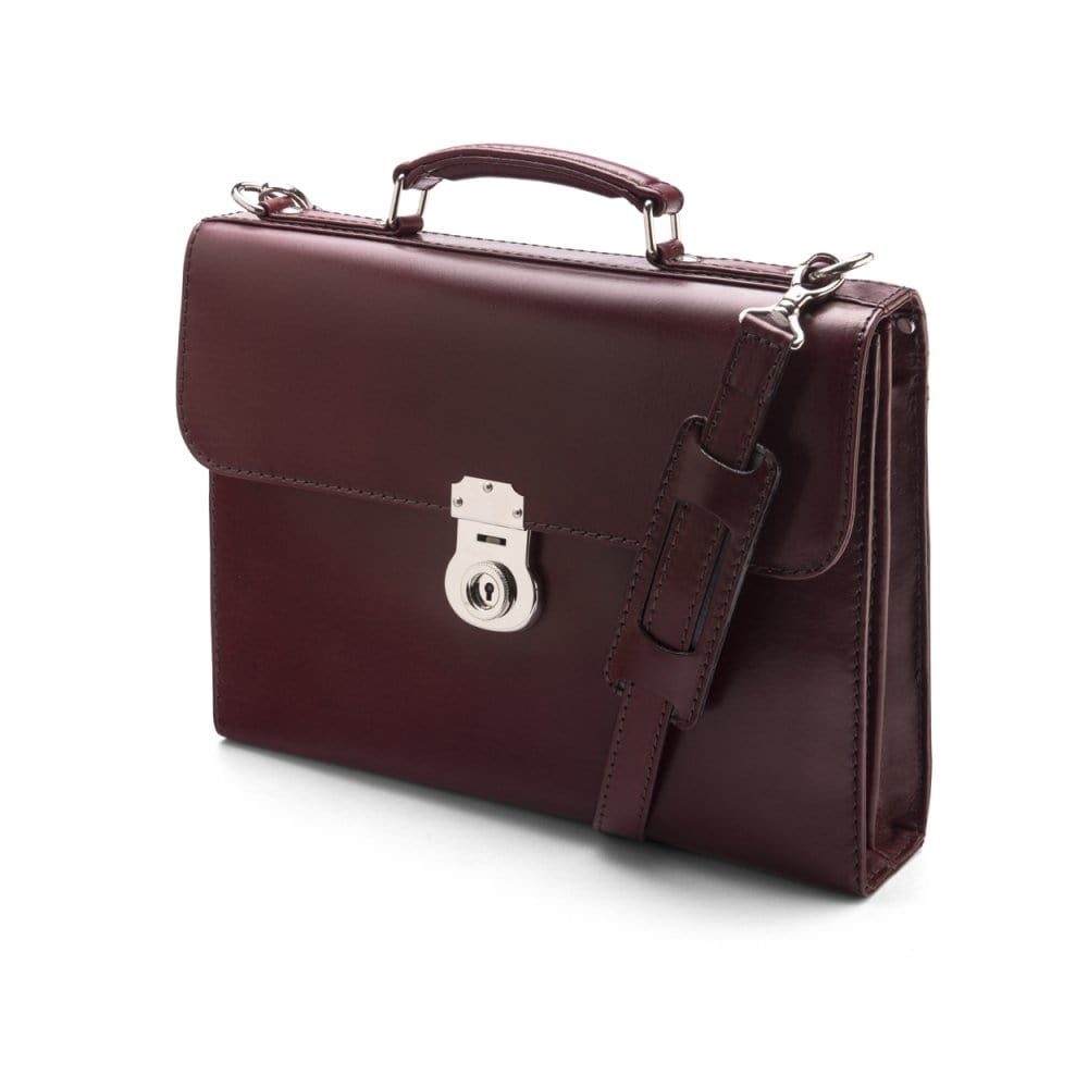 Burgundy Vintage Leather Wall Street Briefcase, Silver Brass Lock