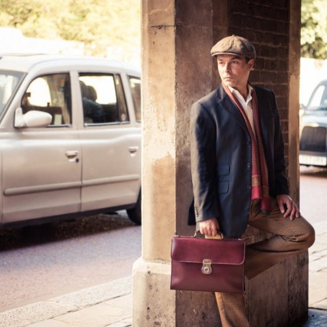 Burgundy Vintage Leather Wall Street Briefcase, Silver Brass Lock