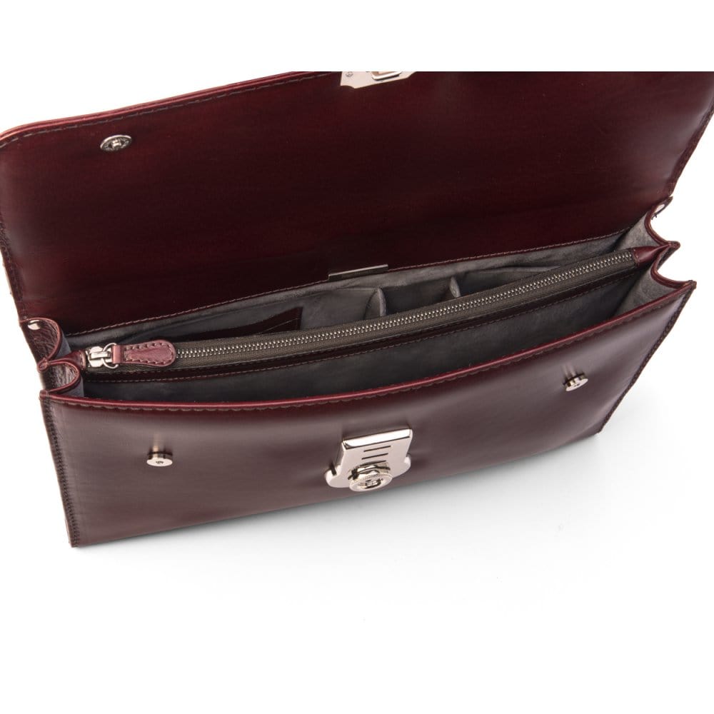 Burgundy Vintage Leather Wall Street Briefcase, Silver Brass Lock