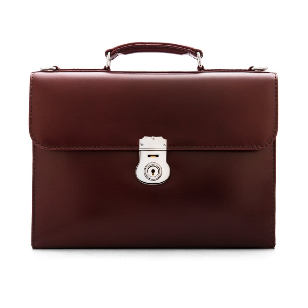 Burgundy Vintage Leather Wall Street Briefcase, Silver Brass Lock
