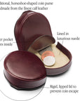 Leather horseshoe coin purse, burgundy, features