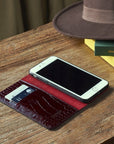Leather iPhone 7 Plus and 8 Plus wallet case, burgundy croc, lifestyle