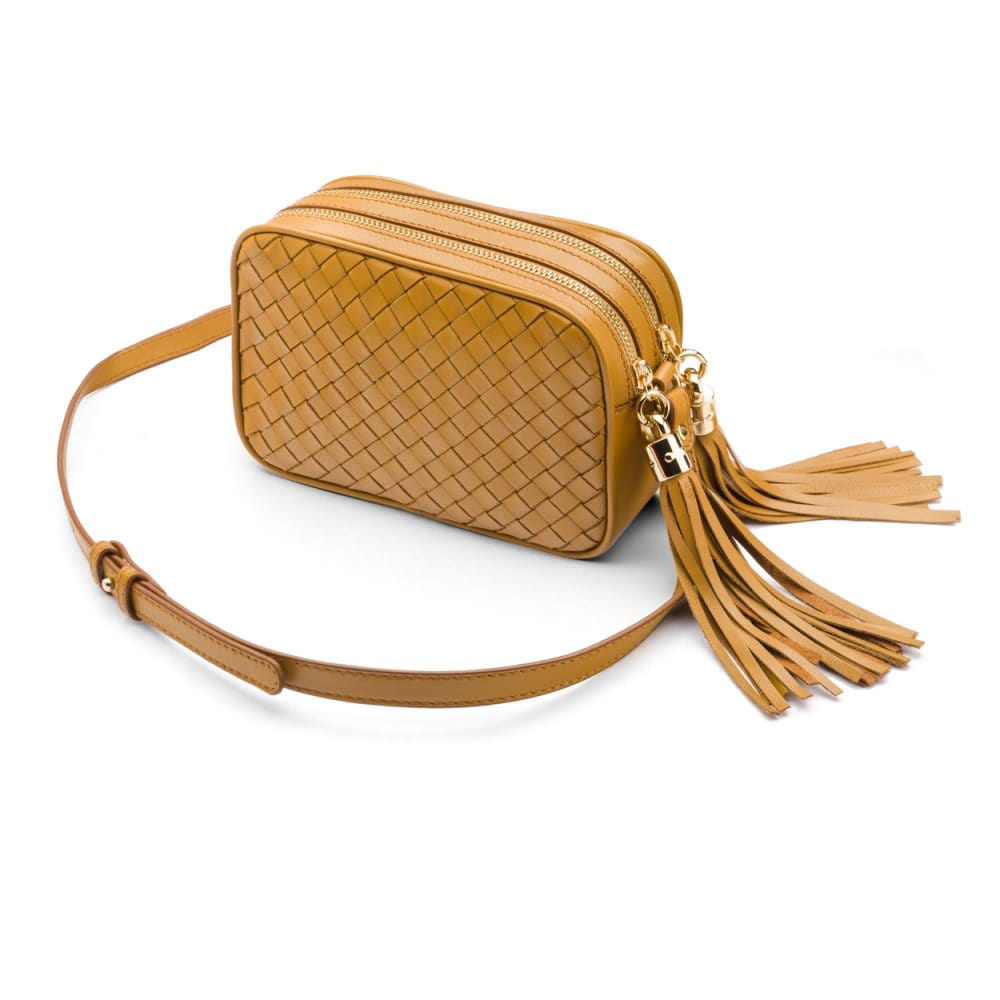 Woven leather camera bag, caramel, side