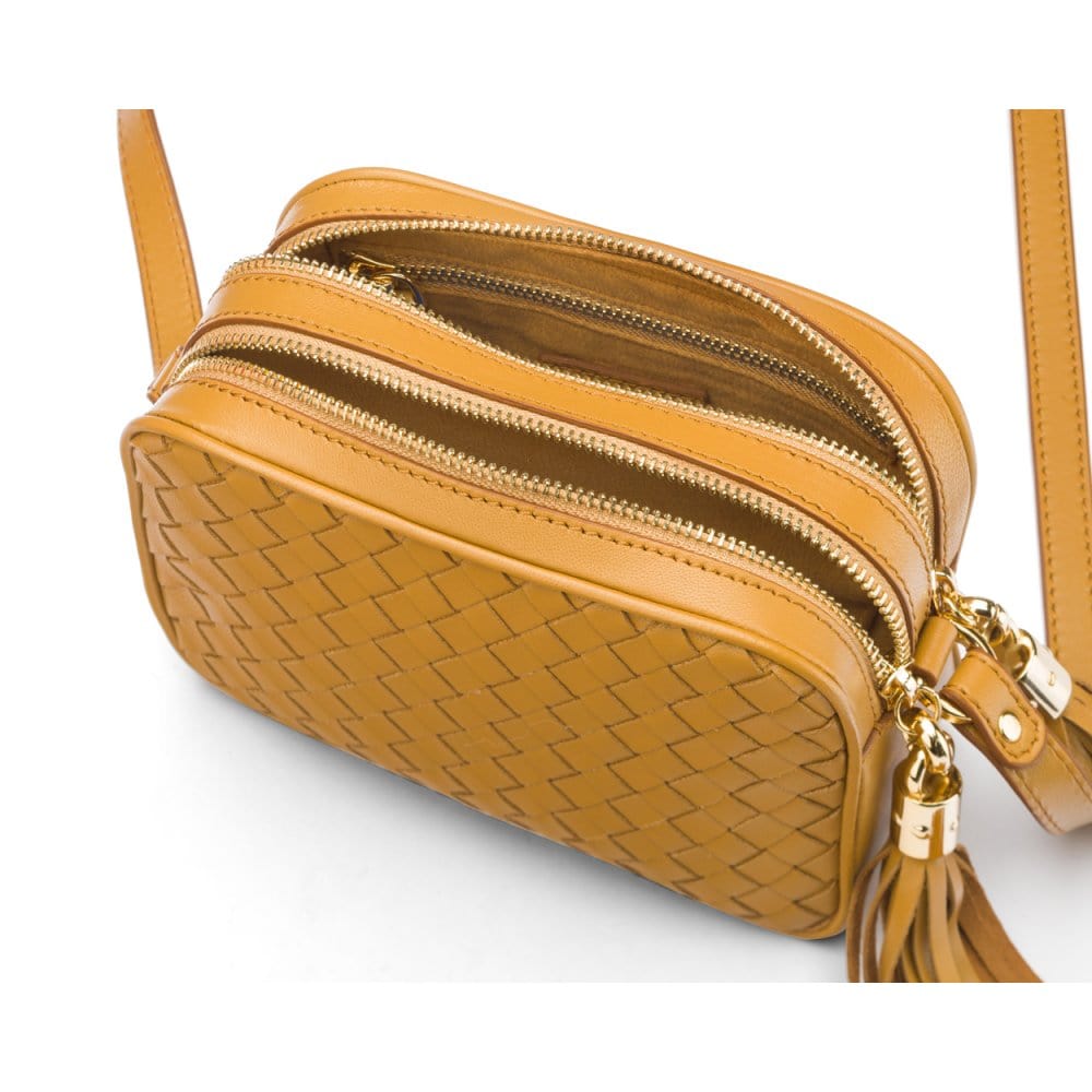 Woven leather camera bag, caramel, inside