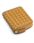 Small zip around woven leather accordion purse, caramel, front
