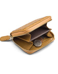 Small zip around woven leather accordion purse, caramel, open